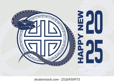 Blue banner for Chinese Snake Year 2025, featuring a snake around a shield with festive text