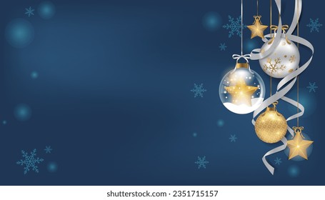 Blue banner with Christmas decorations and ribbons, snowflakes, stars elements on the side