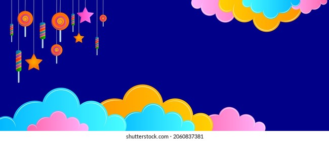 Blue banner with clouds and candy. Background