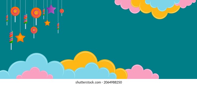 Blue banner with clouds and candy. Background