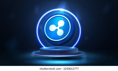 Blue banner with coin of Ripple cryptocurrency on podium with neon ring. 3d illustration with offer