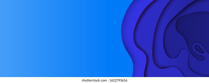 Blue banner with copy space and paper cut effect. 3d abstract background with blue waves. Template in carving art style. Vector design. Backdrop for banner, app, mobile, website, posters flyers