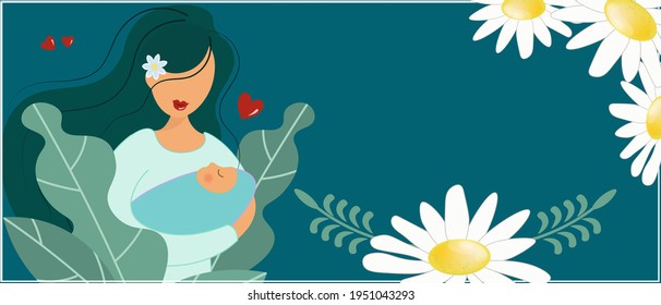 Blue banner with daisies for Mother's Day. A cute young mother gently holds the baby in caring hands. Motherhood theme. Flat vector illustration. Background with decorative plants and space for text.