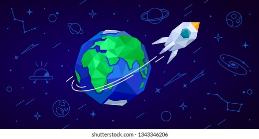 Blue banner with flight rocket space around the Earth. Horizontal vector illustration