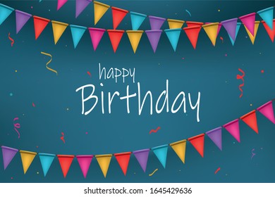 Blue banner with garland of colour flags and confetti. Bunting for happy birthday.