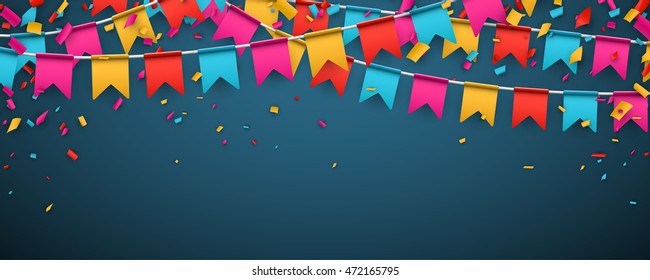 Blue banner with garland of colour flags and confetti. Vector illustration.