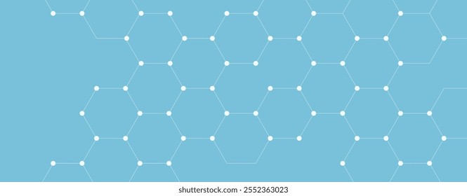 Anuncio azul con forma de tecnología hexagonal. Conexión global con líneas y puntos. Fondo abstracto geométrico digital. Las líneas abstractas de Tecnología y los puntos conectan el fondo con los hexágonos