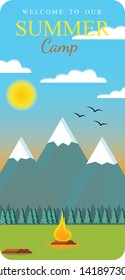 Blue banner invitation to camping. Vector template, blue background.