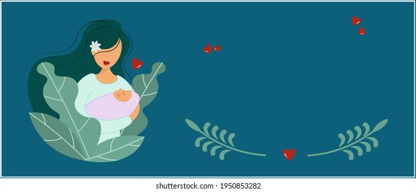 Blue banner for mother's day. A young mother lovingly holds her baby in caring hands. Love, care and motherhood concept. Flat vector illustration. Background with decorative plants and copy space.
