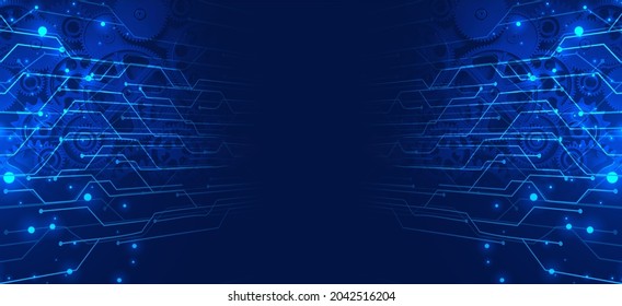 A blue banner of old technology and new using computer circuits and old machine cogs