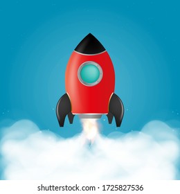 Blue banner on the theme of motivation. Red rocket is taking off. The concept of career growth, development and motivation. Vector.