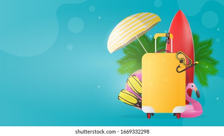 Blue banner with place for travel text. Red surfboard, yellow suitcase for tourism, fins, swimming mask, goggles, palm trees, sun umbrella, rubber ring for swimming. Vector.
