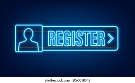 Blue banner register now. Neon icon. Vector stock illustration