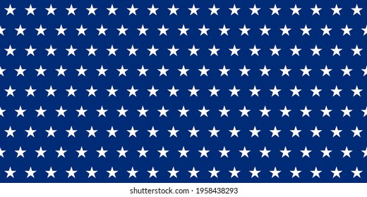 Blue banner. Rows of white five-pointed stars on a blue background. Seamless texture. Geometric pattern. Texture map for decoration. Vector illustration