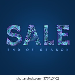 Blue banner with Sale label. Vector illustration. White background.
