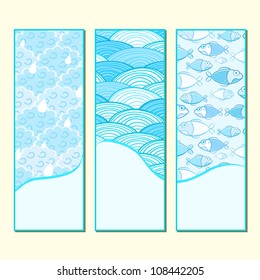 Blue Banner Set with Rain Clouds, Ocean Waves and Fish