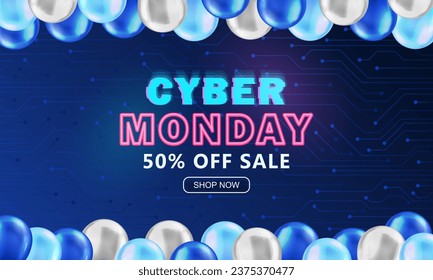 Banner azul con botón de tienda, globos brillantes 3d y texto de neón brillante para el lunes cibernético. Afiche promocional de alta tecnología con temporizador de descuento. Papel de pared de marketing, fondo brillante con 50% fuera de venta
