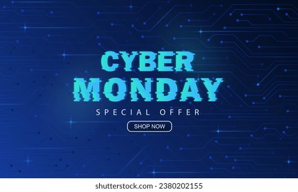 Blue banner with shop button, glitch neon text for Cyber Monday sale. Hi-tech promo poster with technology network pattern. Marketing special offer wallpaper with glowing computer chip on background