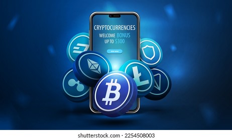 Blue banner with smartphone and 3D cryptocurrency coins around.