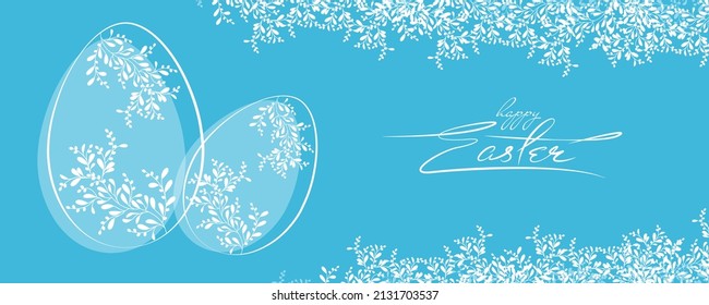 Blue banner with stylized Easter eggs and plant elements. Calligraphy. Happy Easter!