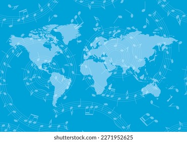 blue banner with swirl of music notes and world map - vector background