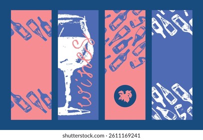 Blue banner template design with seamless wine pattern in retro hand-drawn style. Rose wine bottles background with rough drawing texture — vector winery branding