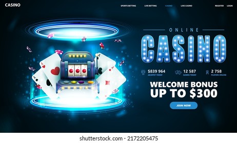 Blue banner for website with button, casino playing cards, slot machine and poker chips inside blue portal made of digital rings in dark empty scene