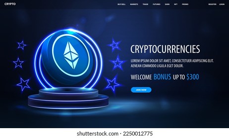Blue banner for website with button, podium with neon rings on background and 3D coin of Ethereum on podium