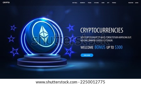 Blue banner for website with button, podium with neon rings on background and 3D coin of Ethereum on podium