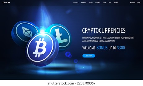 Blue banner for website with offer and 3D coin of Bitcoin, Litecoin and Ethereum