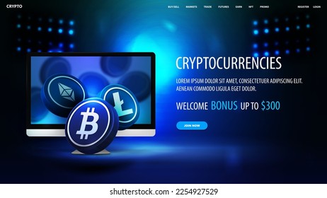 Blue banner for website with offer and Computer Monitor with 3D cryptocurrency coins inside