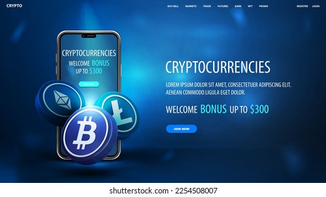 Blue banner for website with offer, smartphone and 3D cryptocurrency coins