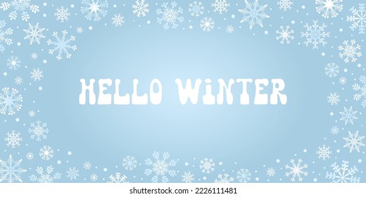 Blue banner with white falling abstract snowflakes and lettering Hello Winter