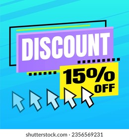 Blue banner with a yellow floating balloon and arrow, offering a 15 percent discount for sales and promotions