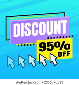 Blue banner with a yellow floating balloon and arrow, offering a 95 percent discount for sales and promotions