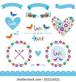 Blue banners, floral frames and nature graphic elements / wedding / Valentine  Day, arrow, set / Love / Cute / Sweet /Couple / Baby shower / Save the date