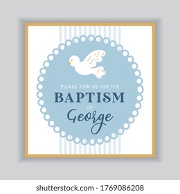 blue baptism invitation card with holy spirit with gold frame. vector illustration