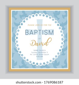 Blue Baptism Invitation With Cross Over Pattern Background. Vector Illustration