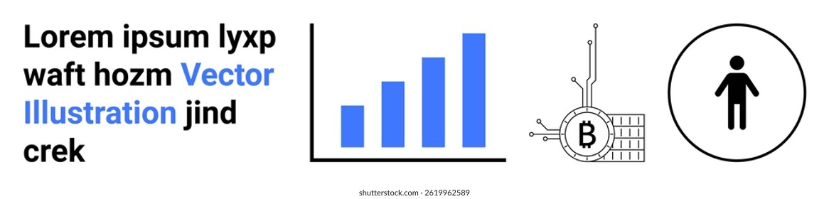 Blue bar chart, computer chip with Bitcoin symbol, person icon in circle. Ideal for finance, data analytics, cryptocurrency, business presentations, tech innovation, digital marketing, educational