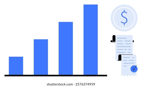 Blue bar chart with increasing bars on the left, blue dollar sign in a circular emblem at the top right, and receipts with check marks on the right. Ideal for finance and business analysis