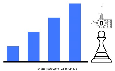 Blue bar chart with increasing values and Bitcoin symbol beside a chess piece. Ideal for financial growth, investment strategy, cryptocurrency, blockchain technology, data analysis. Modern