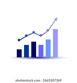 Gráfico de barras azuis e gráfico de linhas com seta para cima, mostrando o crescimento financeiro e as tendências de mercado em um design moderno e minimalista.