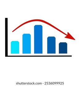 Un gráfico de barras azules con una flecha roja hacia abajo indica una empresa en quiebra o un ingreso financiero reducido 
