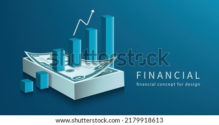 Blue bar charts are placed on dollar bills and success gradually climb to the top increase by white arrow,vector 3d for designing media about money,finance and investment,graph bar on dollar