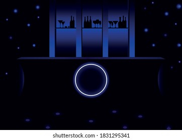 Blue bar counter with neon circle illuminated by soft blue light surrounded by blue flashlights