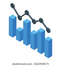 Blue bar graph is decreasing, showing negative trend, with data points connected by a dark gray line, in isometric view