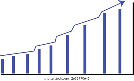 Blue bar graph with growth arrow for business stats, data visualization, finance infographics.