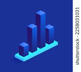 Blue bar graph icon in isometric view. Business charts, data graphics, statistics diagram, analysis growth progress. Vector illustration for visualization of presentation, report, infographics concept