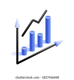 Blue bar graph and line chart with two axes. Analysis progress, development and success icon in isometric view.  Statistics data graphic. Vector illustration for visualization of business presentation