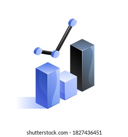 Gráfico de barras azules con icono de gráfico de líneas en vista isométrica. Progreso del análisis, diagrama de estadísticas, progreso de crecimiento, gráficos de datos. Ilustración vectorial para la visualización del concepto de presentación empresarial